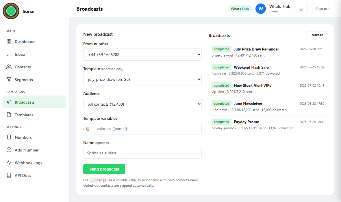 Whats-Hub Sonar broadcast composer and campaign history